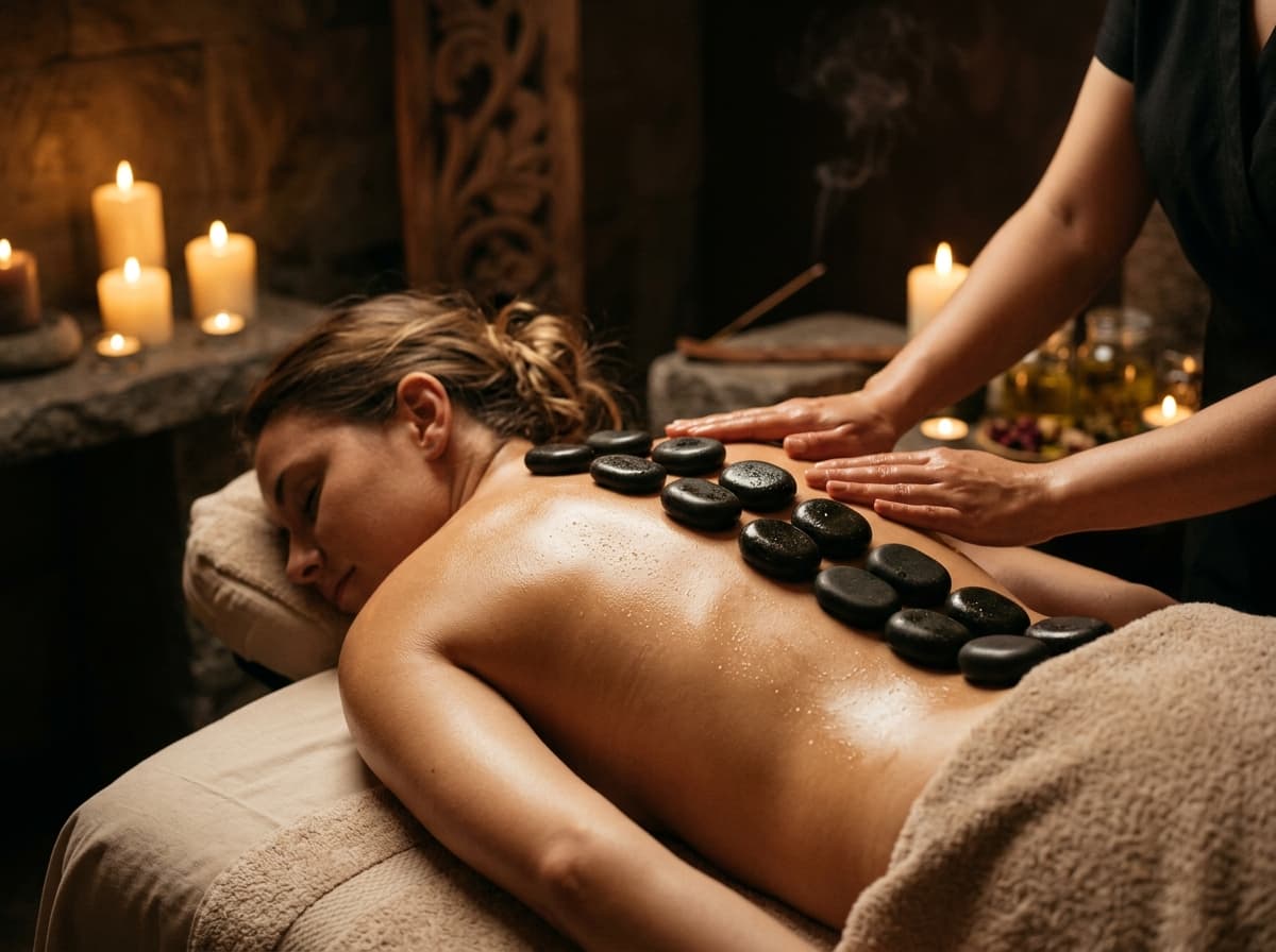 Volcanic basalt thermal massage stones and botanical oils